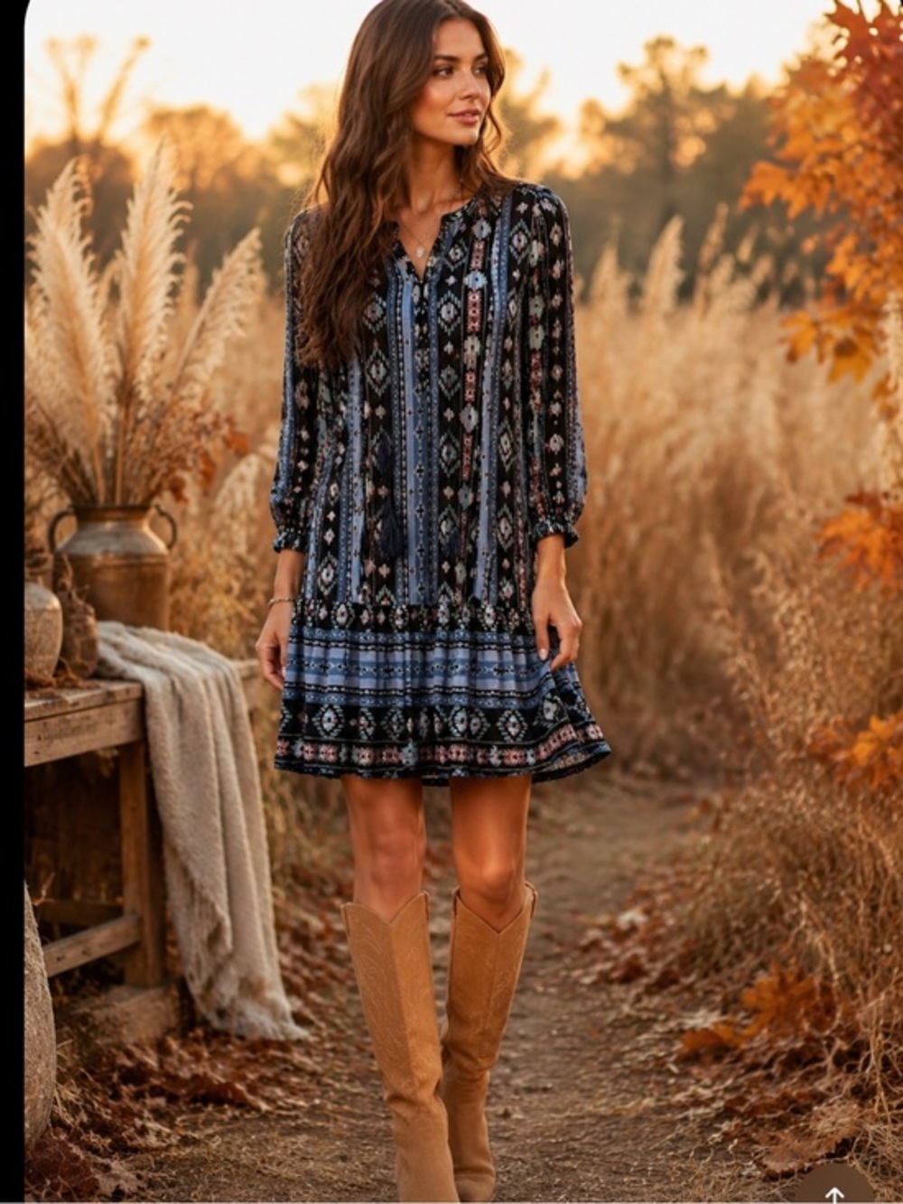 Anthropologie holding horses winter moon blue long sleeve tassel boho dress